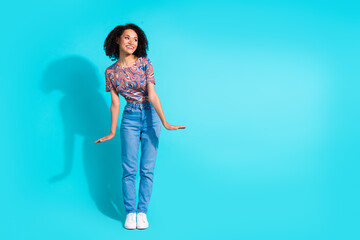 Canvas Print - Full body photo of pretty young girl cute model look empty space wear trendy colorful clothes isolated on aquamarine color background