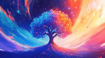 a vibrant tree amidst a cosmic swirl of colors, symbolizing nature and the universe.