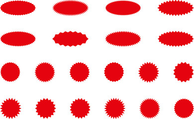 Starburst red sticker set - collection of special offer sale round and oval sunburst labels and buttons isolated on white background. Promo stickers with star edges. Vector