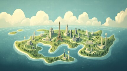 Sticker - A whimsical island featuring famous landmarks and buildings amidst a serene landscape.