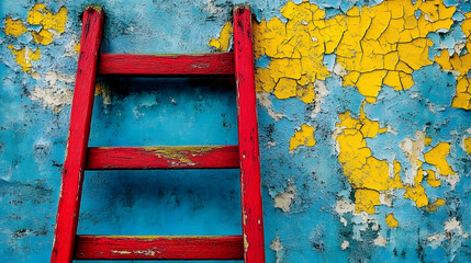 Poster - Old red ladder rests against blue wall with peeling yellow paint