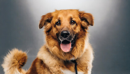 A cheerful dog with fluffy fur poses in a studio setting under bright lights during a photoshoot