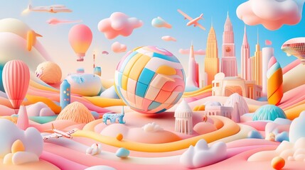 Canvas Print - A whimsical, colorful landscape featuring a globe, balloons, and various structures.