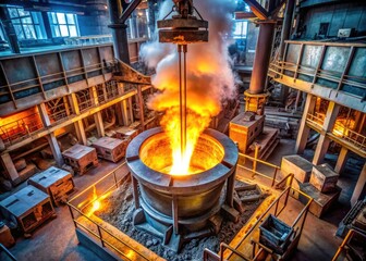 The Process of Melting Metal: High-Temperature Furnace with Molten Liquid Metal and Tools Visible