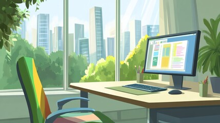 Wall Mural - A modern workspace with a view of a city skyline, featuring a computer and greenery.