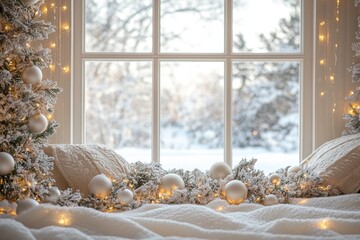 Cozy winter scene featuring a beautifully decorated window with snow, festive ornaments, and warm twinkling lights.