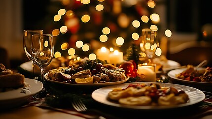 close up low camera christmas dinner table of food no glasses evening : Generative AI