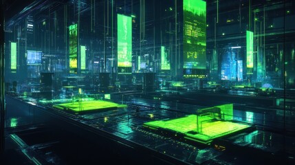 Canvas Print - Futuristic digital environment with glowing green data displays and high-tech interfaces.