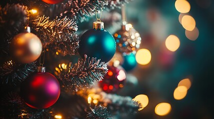 Poster - magical christmas tree with colorful ornaments in nightime : Generative AI