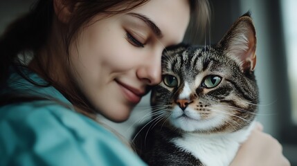 Poster - Portrait vet and woman with animals clinic and care with help care and support with a smile charity work and empathy Face female person or veterinarian with a cat bulldog and medical t : Generative AI