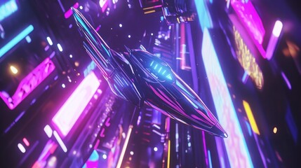 Sticker - A futuristic spaceship glides through a neon-lit urban landscape.