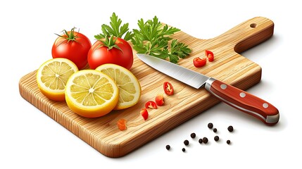 Wall Mural - Wooden Cutting Board with Knife Tomatoes Lemons and Spices