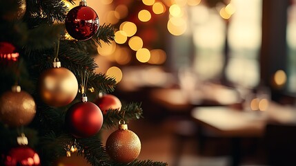 Aufkleber - Christmas tree with red and golden ornaments in front of a blurred background : Generative AI