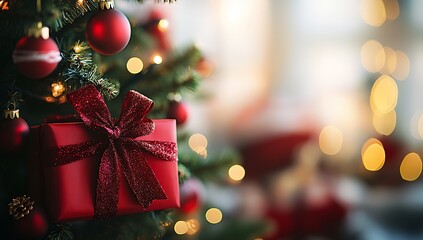 Poster - Christmas present box with a bow on a decorated tree against a blurred background. : Generative AI
