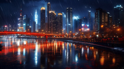 A red bridge spans a glistening river in a city skyline under a rainy night.