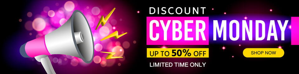 Wall Mural - Cyber Monday sale banner. Modern design with megaphone and glowing background Cyber Monday. Discount up to 50 percent. Vector illustration, advertising design, retail and promotional campaign template