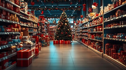 Poster - A big store on christmas time, with product xmas tree, toys and advertaising about black friday : Generative AI