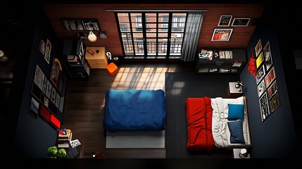 Wall Mural - bedroom with fire escape window; viewed from above on a black background. : Generative AI