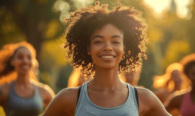 Happy African American woman in sportswear doing yoga with multiethnic group outdoors in park morning light smiling breathing exercise fit healthy active balanced workout teamwork flexible nature