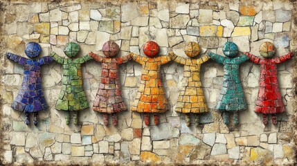 Wall Mural - Colorful mosaic figures representing unity and diversity, arranged in a vibrant display.