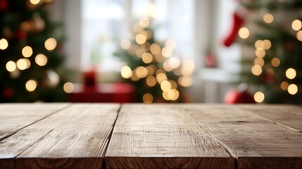 Fototapete - Wood table top on blur christmas room background : Generative AI