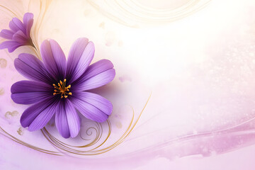 Wall Mural - a close up of a purple flower on a white and pink background with a gold swirl around the center of the flower.