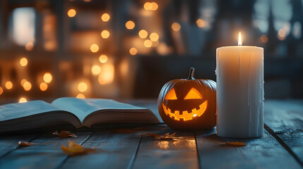 Wall Mural - A candle and Jack-O'-Lantern on a wooden table with a book of lights in the background