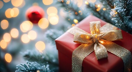 Poster - a red Christmas present gift box with a golden bow on a tree branch against a blurred background : Generative AI
