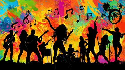 Canvas Print - A vibrant silhouette of musicians performing against a colorful, abstract background.