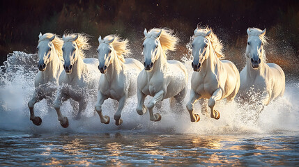 seven running white horses wall painting mountain morning view background. majestic and powerful sce