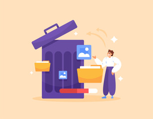 delete file concept. clean junk files, cache, images or photos, folders. remove useless data. cleaning application or software. illustration of a man next to a large trash can. flat style design