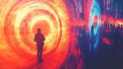 Poster - A vibrant digital art scene depicting portals with silhouettes of people.