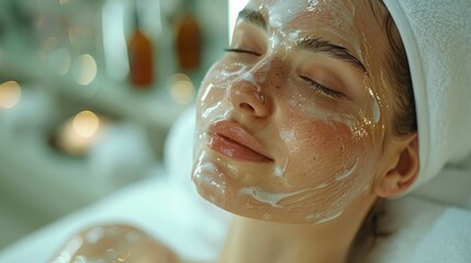 A woman with a white towel on her head and a white face mask on her face