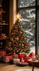 Aufkleber - A beautifully decorated Christmas tree stands tall in the center of a cozy living room. : Generative AI