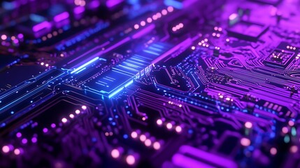 Dynamic blue and purple technology background with circuit board elements.