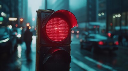 The red traffic light shines on a rainy day, amidst a bustling city intersection, with a moody backdrop of blurred vehicles and pedestrians in the background.