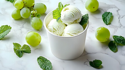 Canvas Print - A cup of ice cream on a white marble surface, surrounded by green grapes and mint leaves