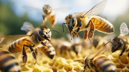 a vivid encounter between two bees interacting above the wax cells of their hive, revealing the soci