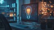 © Andrew - A computer in the office with a bulb icon hologram. The idea of the concept