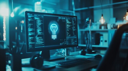 A computer in the office with a bulb icon hologram. The idea of the concept 