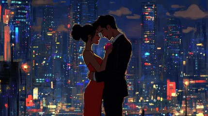 Wall Mural - A romantic couple embraces against a vibrant city skyline at night.