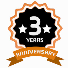 Celebrating 3 years anniversary label with orange ribbon. 3d render.