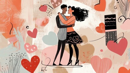 Wall Mural - A romantic illustration of a couple dancing amidst hearts and abstract shapes.