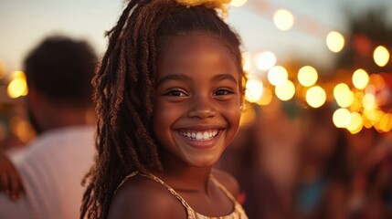 A smiling girl with dreadlocks enjoys an outdoor event, as colorful lights create a magical and festive atmosphere around her in the evening setting.