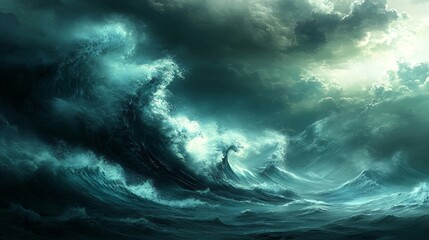 Wall Mural - dramatic turquoise ocean waves crashing under a stormy sky.