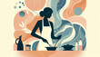 © M.studio - Silhouette of a woman cooking in a modern, abstract style, with flowing shapes and colors