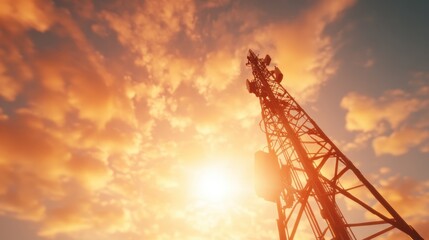 A towering radio antenna stands silhouetted against a fiery orange sunset sky, representing communication and connection, as fluffy clouds drift through the scene's ambiance.