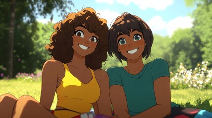 Poster - Two animated characters smiling together in a sunny park, enjoying a joyful moment.