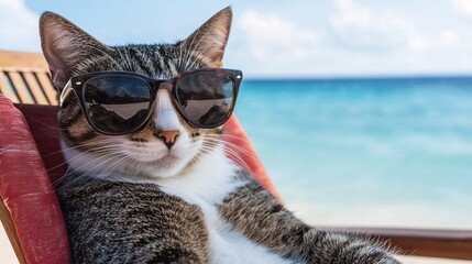 cool cat on vacation: a tabby cat with a cool demeanor relaxes on a beach chair, wearing sunglasses 