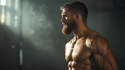 the side view of a muscular man in a dimly lit gym highlights his powerful stance and intense focus 